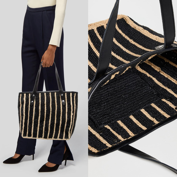 Rag & Bone Daily Straw Tote Raffia Black Women's Bag Leather Trim New - Picture 5 of 6